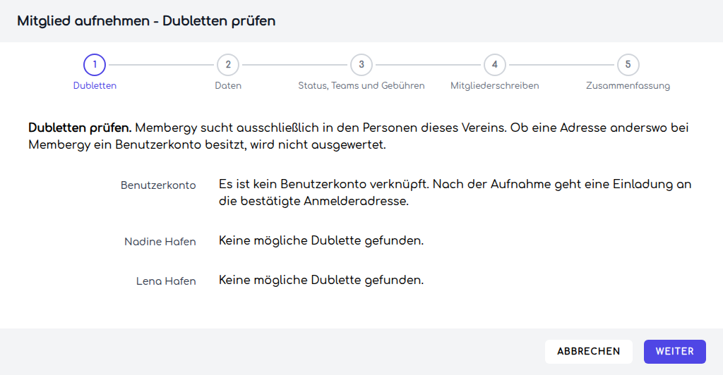 Dublettenprüfung für Sorgeberechtigte und Kind ohne Treffer