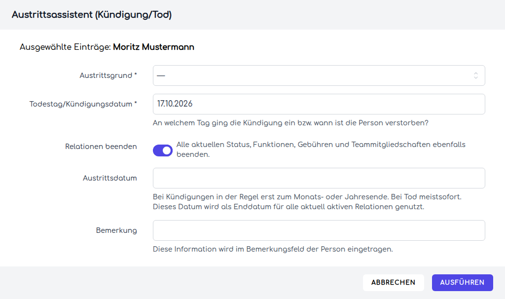 Der Dialog des Austrittsassistenten